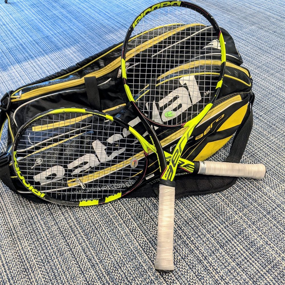 Two Babolat Pure Aero Tour Racquets and Bag
